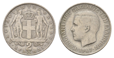 Греция 2 драхмы 1967 Константин II (1966-1973) KM 90 медно-никель 4707-424