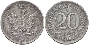 ПОЛЬША 20 ФЕНИГОВ 1918 FF. ГЕРМАНСКАЯ ОККУПАЦИЯ, ПЕРВАЯ МИРОВАЯ ВОЙНА KM 7 железо 5010-1242