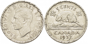 Канада 5 центов 1937 бобр Dot, Георг VI (1936-1952) KM 33 никель 4539-751