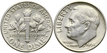 США 10 центов (дайм) 1964 президент Рузвельт KM 195 серебро 00-00