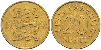 ЭСТОНИЯ 20 ЦЕНТОВ 1992 KM 23 латунь UNC 66-726