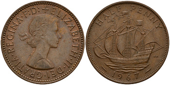 Великобритания 1/2 пенни 1967 Елизавета II (1952-2022) KM 896, Spink 4158 бронза 4156-512