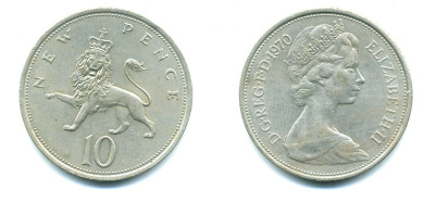 Великобритания 10 пенсов 1970 Елизавета II (1952-2022) KM 912, Spink 4231 (F1) медно-никель 4383-934