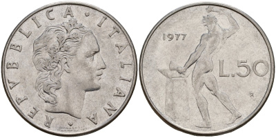 Италия 50 лир 1977 R, бог Вулкан у наковальни KM 95.1 нержавеющая сталь 4156-736