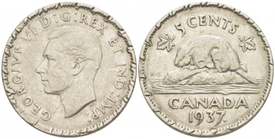 Канада 5 центов 1937 бобр Dot, Георг VI (1936-1952) KM 33 никель 4539-751
