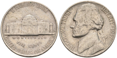 США 5 центов 1957 D, Джефферсон KM А192 медно-никель 92-1031