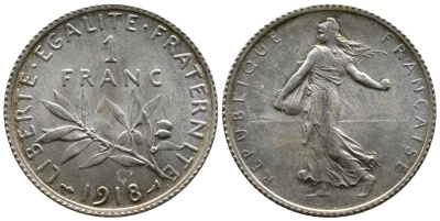 Франция 1 франк 1918 сеятель KM 844.1, Le Franc 217.24 серебро UNC 259-716
