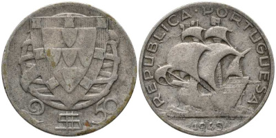 Португалия 2,50 эскудо 1943 парусник КМ 580 серебро 202-413
