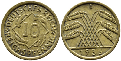 ГЕРМАНИЯ 10 РЕЙХСПФЕННИГОВ 1935 E, KM 40, J. 317 алюминиевая бронза 4390-837
