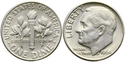 США 10 центов (дайм) 1964 президент Рузвельт KM 195 серебро 00-00