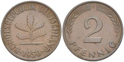 ФРГ 2 ПФЕННИГА 1950 D KM 106, J. 381 бронза 4181-715