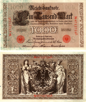 Германия 1000 марок 1910 Pick 44b бумага 7547-39-3-1