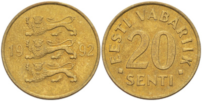 ЭСТОНИЯ 20 ЦЕНТОВ 1992 KM 23 латунь UNC 66-726