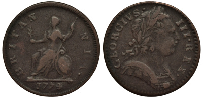 Великобритания 1 фартинг 1774 Георг III (1760-1820) KM 602, Spink 3775 медь 1523-1023