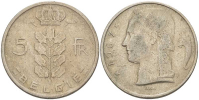 Бельгия 5 франков 1967 Belgie, Бодуэн I (1951-1993) KM 135.1 медно-никель 60-1236