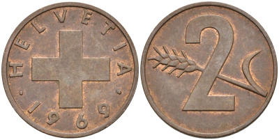 Швейцария 2 раппена 1969 KM 47 бронза 4563-1117