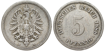 Германия 5 пфеннигов 1888 A, старогербовка KM 3, J. 3 медно-никель 51-3854