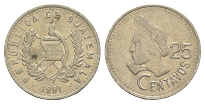 Гватемала 25 сентаво 1991 большая голова, Республика Гватемала KM 278.5 медно-никель 4163-521