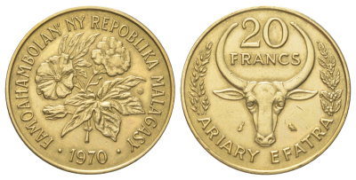 Мадагаскар 20 франков 1970 KM 12 алюминиевая бронза UNC 4622-1254