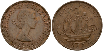 Великобритания 1/2 пенни 1967 Елизавета II (1952-2022) KM 896, Spink 4158 бронза 4156-512
