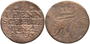 ПРУССИЯ 1 ПФЕННИГ 1793 А, ФРИДРИХ ВИЛЬГЕЛЬМ II (1786-1797) KM 353 медь 116-669