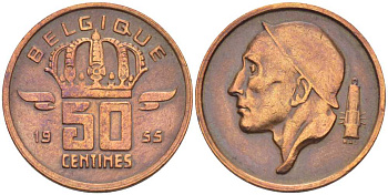 БЕЛЬГИЯ 50 САНТИМОВ 1955 BELGIQUE, БОДУЭН I (1951-1993) KM 144 бронза 214-635