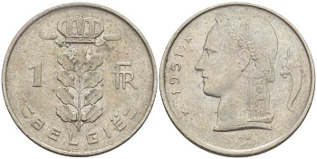 БЕЛЬГИЯ 1 ФРАНК 1951 BELGIE, БОДУЭН I (1951-1993) KM 143.1 медно-никель 119-534