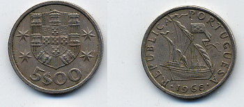 ПОРТУГАЛИЯ 5 ЭСКУДО 1968 ПАРУСНИК KM 591 медно-никель 29-546