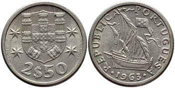 Португалия 2,5 эскудо 1963 парусник KM 590 медно-никель XF 4396-135