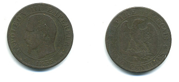 ФРАНЦИЯ 5 САНТИМОВ 1855 K, НАПОЛЕОН III (1852-1870) KM 777.5, LE FRANC 116.25 бронза 84-533
