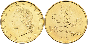 Италия 20 лир 1995 R, дубовый лист KM 97.2 алюминиевая бронза  UNC  4594-1017