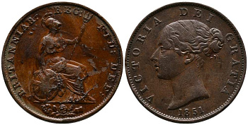 Великобритания 1/2 пенни 1851 Виктория (1837-1901) KM 726, Spink 3949 медь  1518-432