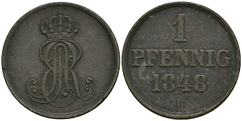 Ганновер 1 пфенниг 1848 B, Эрнст Август (1837-1851) KM 201.1, AKS 129, J. 74 медь 08-1367