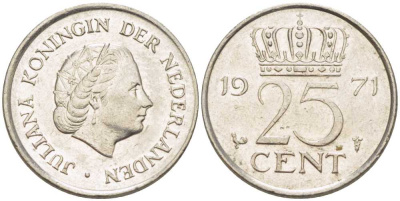 НИДЕРЛАНДЫ 25 ЦЕНТОВ 1971 ЮЛИАНА (1948-1980) KM 183 никель 214-959