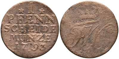 ПРУССИЯ 1 ПФЕННИГ 1793 А, ФРИДРИХ ВИЛЬГЕЛЬМ II (1786-1797) KM 353 медь 116-669
