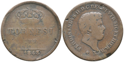 ИТАЛИЯ, НЕАПОЛЬ И СИЦИЛИЯ 2 ТОРНЕЗИ 1848 ФЕРДИНАНД II (1830-1859) KM 145a медь 32-544