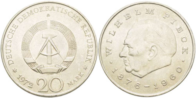 ГДР 20 марок 1972 А, Вильгельм Пик (1876-1960) KM 42 медно-никель 4521-514