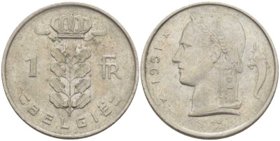 БЕЛЬГИЯ 1 ФРАНК 1951 BELGIE, БОДУЭН I (1951-1993) KM 143.1 медно-никель 119-534