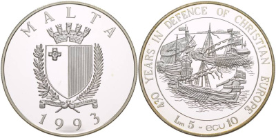 Мальта 5 лир (10 экю) 1993 430 лет защите христианства в Европе, парусник, цена по каталогу 100 $ KM 104 серебро PROOF 00-00