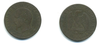 ФРАНЦИЯ 5 САНТИМОВ 1855 K, НАПОЛЕОН III (1852-1870) KM 777.5, LE FRANC 116.25 бронза 84-533