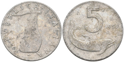 Италия 5 лир 1952 R, дельфин, руль KM 92 алюминий 4567-716