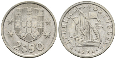Португалия 2,5 эскудо 1984 парусник KM 590 медно-никель 4147-647
