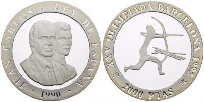 Испания 2000 песет 1990 XXV летние Олимпийские игры 1992 года в Барселоне, стрельба из лука KM 861 серебро PROOF 11-090-44