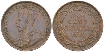 Канада 1 цент 1916 Георг V (1910-1936) KM 21 медь 110-1047