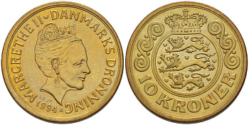 ДАНИЯ 10 КРОН 1994 LG; JP; A, МАРГРЕТЕ II (1972-) KM 877 алюминиевая бронза 202-844