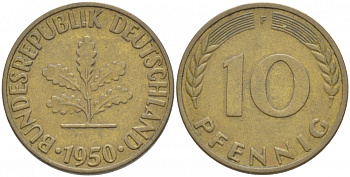 ФРГ 10 ПФЕННИГОВ 1950 F KM 108, J.383 сталь плакированная латунью 4539-915