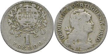 ПОРТУГАЛИЯ 1 ЭСКУДО 1930 ГОЛОВА СВОБОДЫ ВПРАВО КМ 578 медно-никель 202-345