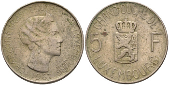 Люксембург 5 франков 1962 Великая герцогиня Шарлотта (1919-1964) KM 51 медно-никель 4573-125