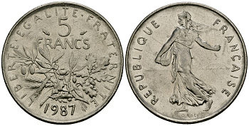 Франция 5 франков 1987 сеятель KM 926a.1, Le Franc 341.3 медно-никель плакированный никелем 4120-1241