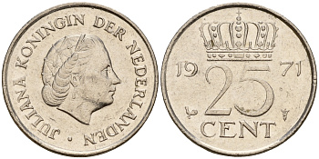Нидерланды 25 центов 1971 Юлиана (1949-1980) KM 183 никель    4598-461